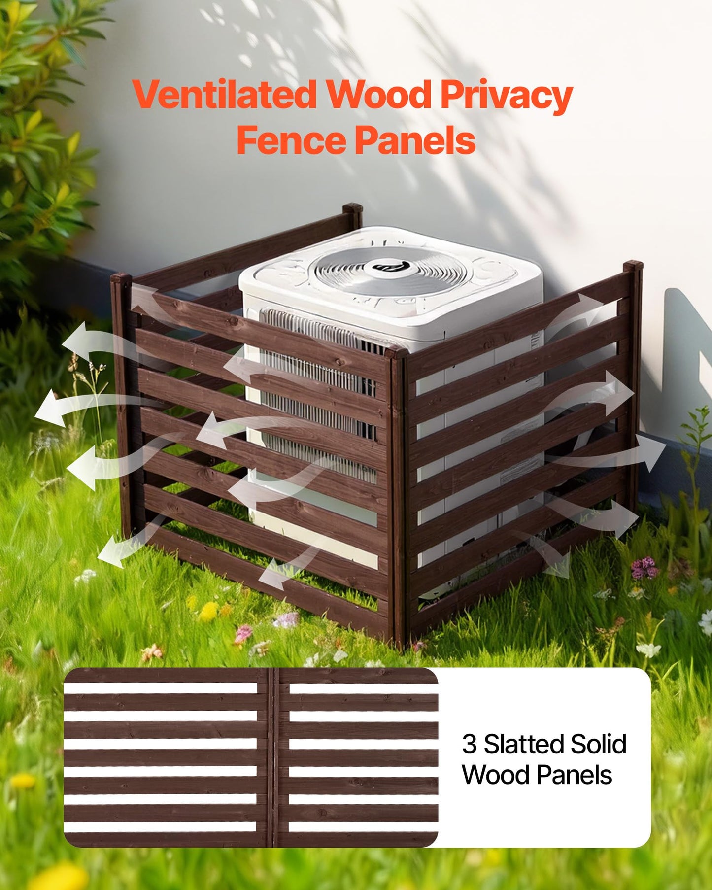VEVOR Wooden Privacy Fence, 48 x 37 inch Air Conditioner Fence, 3 Panel Solid Outdoor Wood Privacy Screen with Metal Stakes, Steel Frame, Trash Can Hider Fences Suitable for Garden, Pool