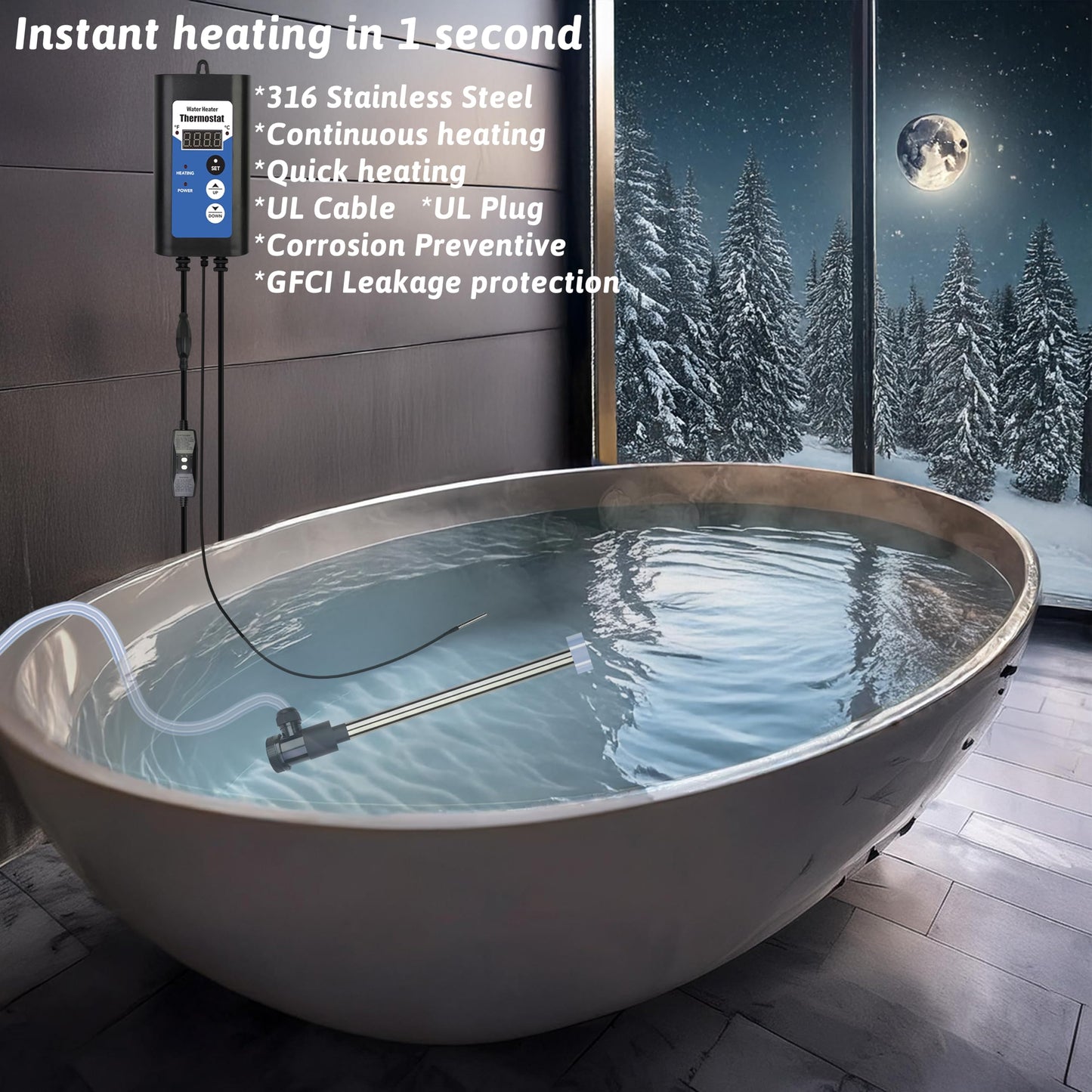 XCLBTFDC 3500W 240V Immersion Water Heater Portable Electric Inflatable Pool & Hot Tub Submersible Water Heater with Temp Control, GFCI for Baptistry, baptismal Pool, Swimming Pool, Above Ground Pool