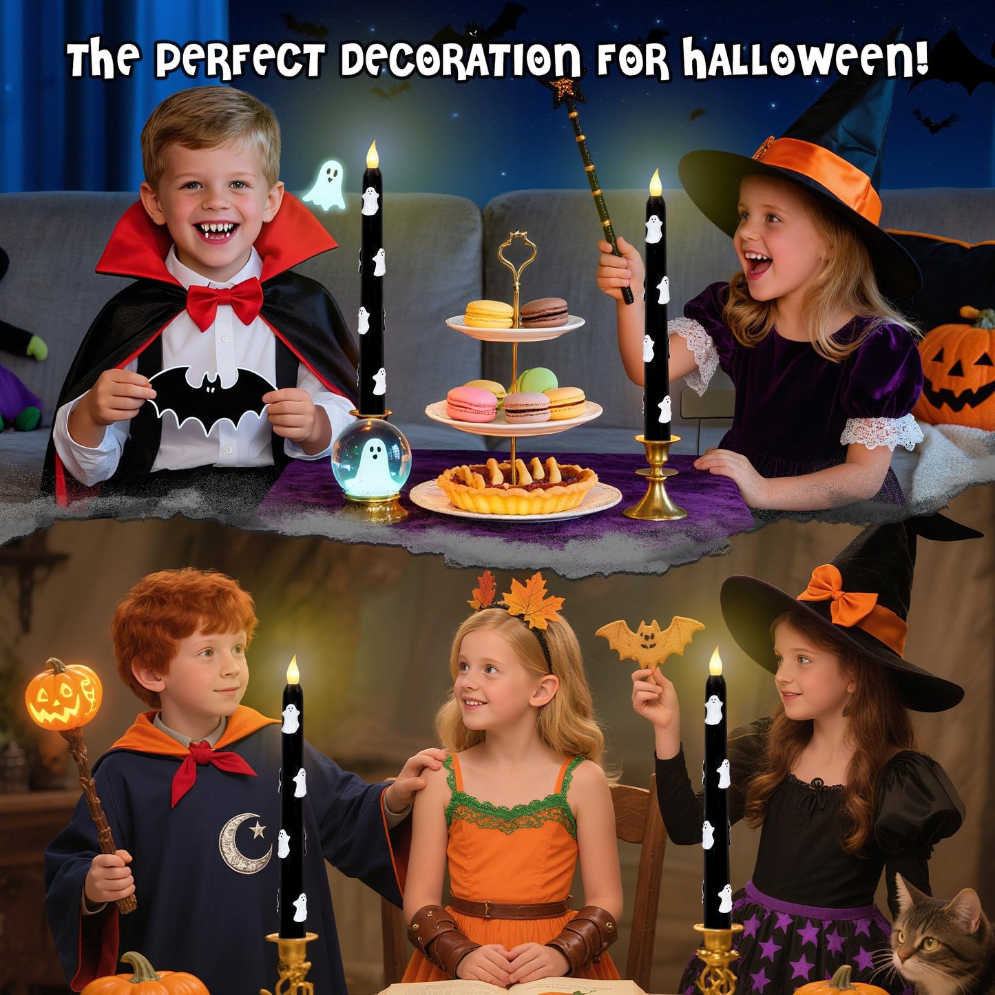 Halloween Ghost Flameless Taper Candles with Remote & Timer, Real Wax Black LED Taper Candles for Home Haunted House Halloween Party Decorations, Set of 2
