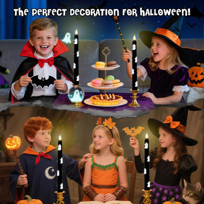 Halloween Ghost Flameless Taper Candles with Remote & Timer, Real Wax Black LED Taper Candles for Home Haunted House Halloween Party Decorations, Set of 2