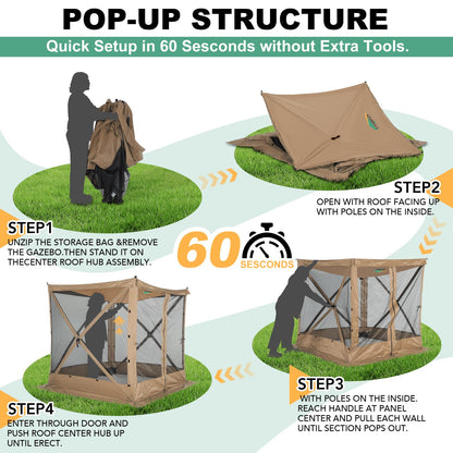 COBIZI 6x6 FT Pop up Gazebo Tent, Waterproof Instant Screen with Mosquito Netting, Portable Outdoor Small Screen Tents Sun Shelter, carpas para Patio for Outdoor Camping, Backyard and Garden, Khaki