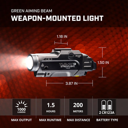 Streamlight 69473 TLR-10 G Flex 1000-Lumen Rail-Mounted Tactical Weapon Light with Integrated Green Aiming Laser, Rear Switch Options, and Key Kit, Black