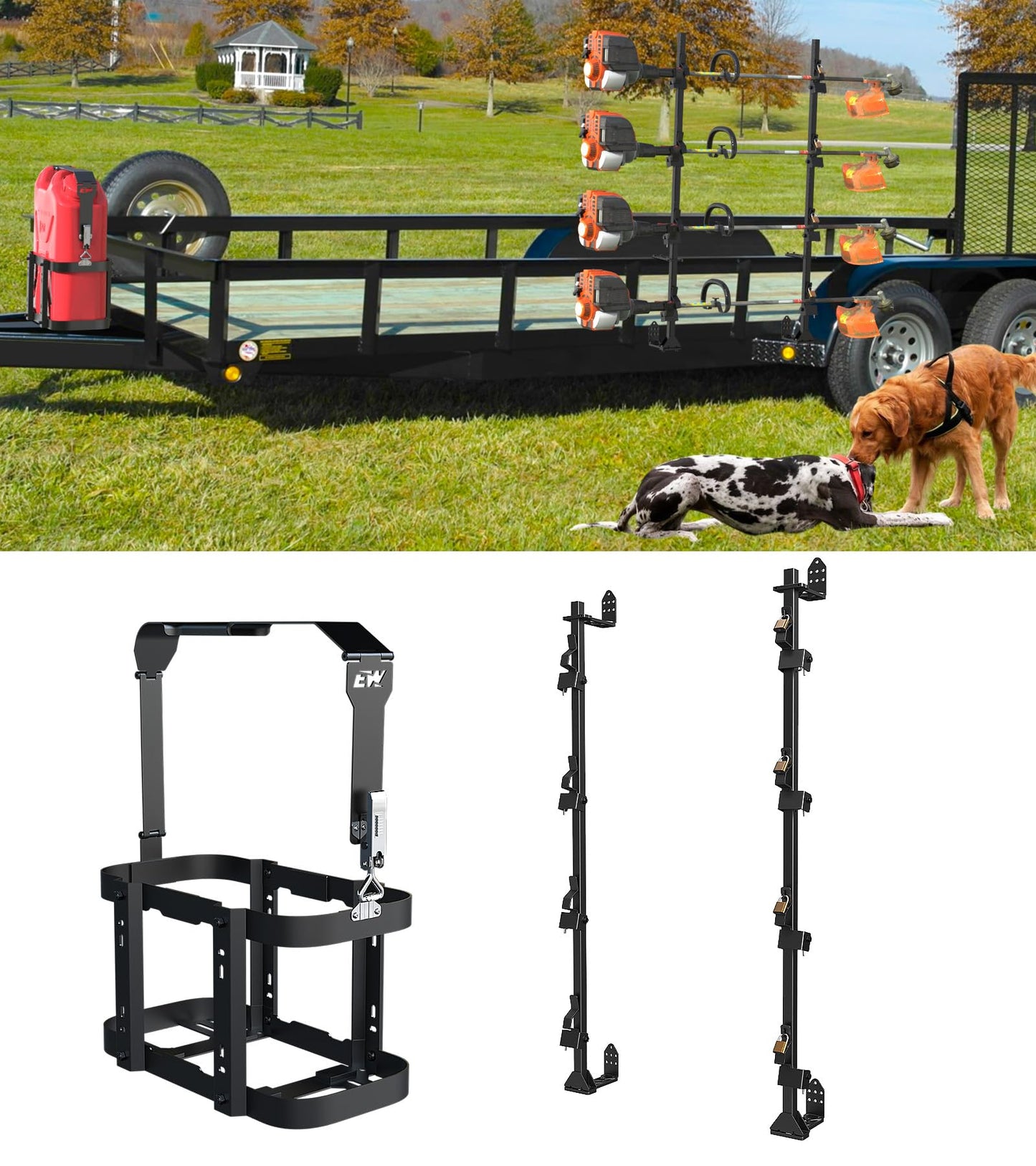 ELITEWILL 4 Place Weedeater Rack for Open/Enclosed Trailers and 5 Gallon Water Containers Mount Holder, Lockable 20L Water Storage Bracket