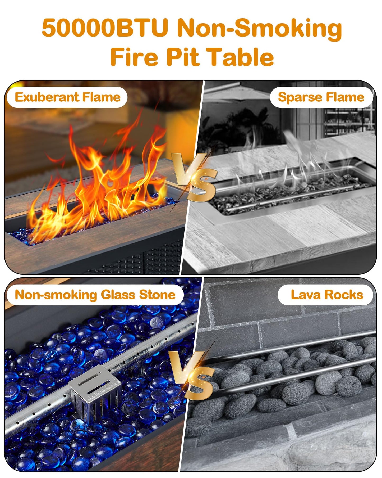 GarveeLife 44 in Propane Fire Pit Table,50000 BTU Fire Table with Ignition System,Outdoor Fire Table with Glass Rocks for Patio Garden Backyard,Rain Cover and Wind Guard Glass Included