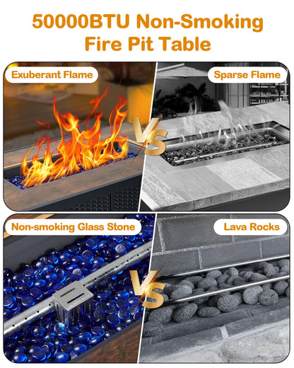 GarveeLife 44 in Propane Fire Pit Table,50000 BTU Fire Table with Ignition System,Outdoor Fire Table with Glass Rocks for Patio Garden Backyard,Rain Cover and Wind Guard Glass Included