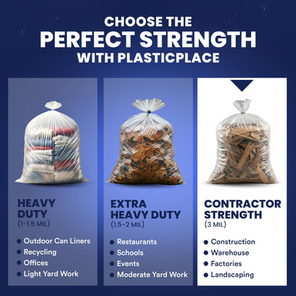 Plasticplace Contractor Trash Bags 55-60 Gallon, Heavy Duty Garbage Bags, 3.0 Mil Clear Trash Bags, Tear-Resistant Large Trash Can Liners for Construction, Recycling & Home Improvement (50 Count)