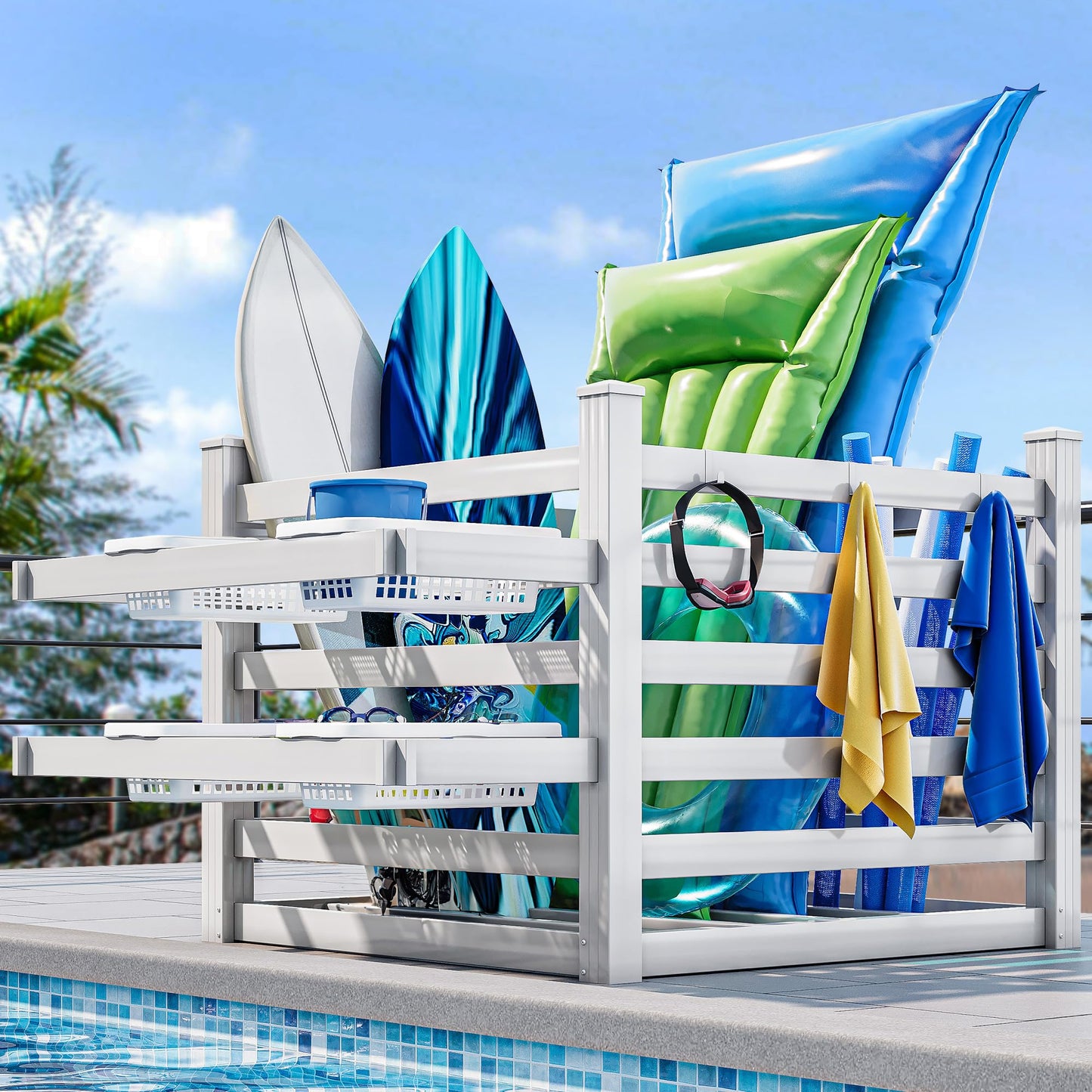 YITAHOME 64" W x 47" L x 39" H Poolside Deckbox Storage Organizer with 6 Movable Hooks, Outdoor Waterproof Pool Storage Bins