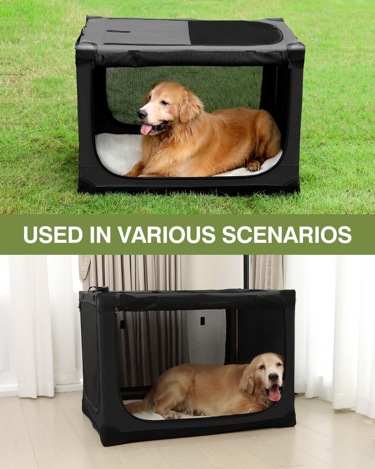 33 x 25 x 25 Inch Collapsible Soft Dog Crate for Dogs Up to 70 lbs, Portable Travel Pet Kennel with 4 Zip Doors, Foldable Indoor Outdoor Crate with Mat, Carry Bag, Black