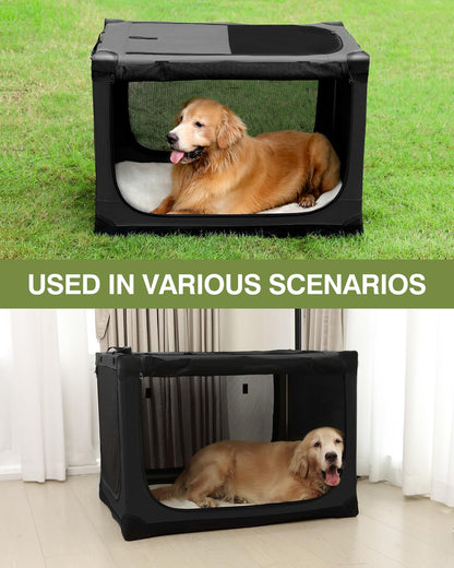 33 x 25 x 25 Inch Collapsible Soft Dog Crate for Dogs Up to 70 lbs, Portable Travel Pet Kennel with 4 Zip Doors, Foldable Indoor Outdoor Crate with Mat, Carry Bag, Black