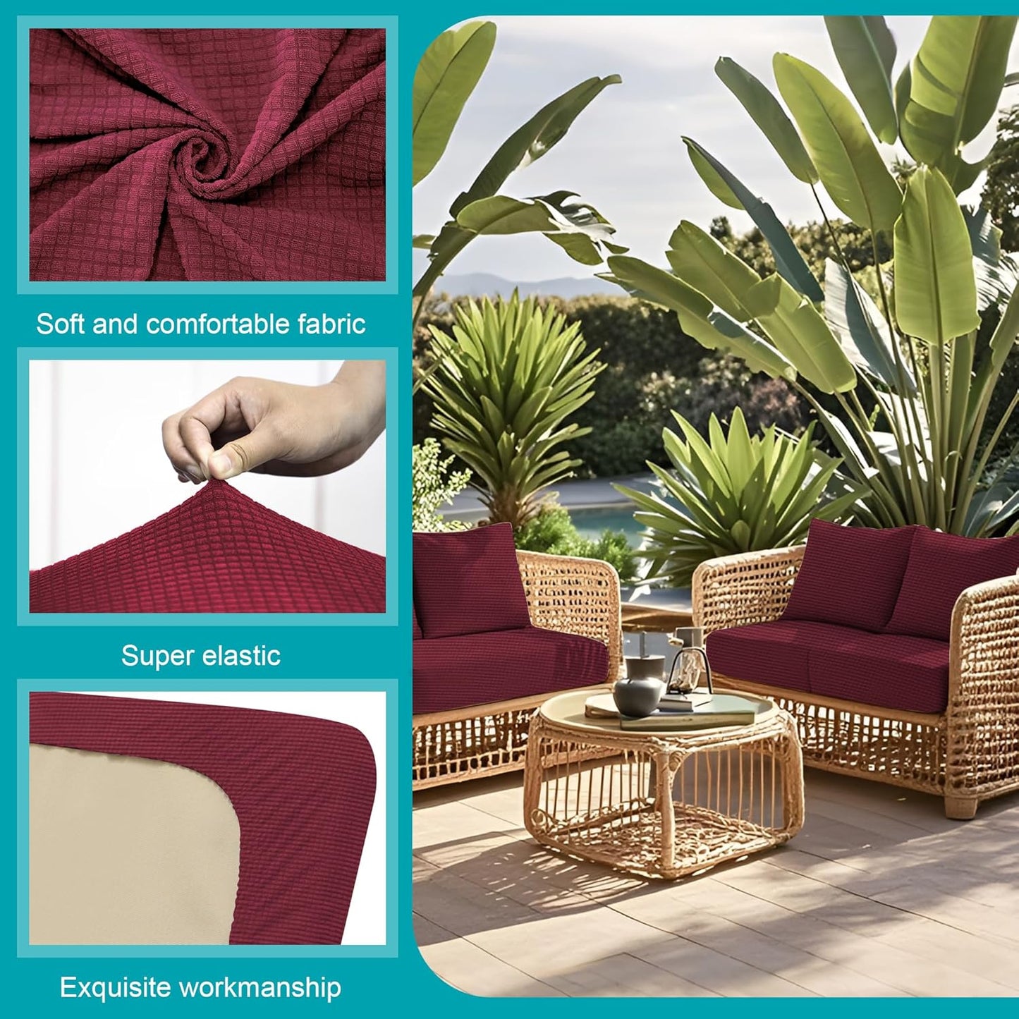 Skiennix 14-Piece Stretch Patio Cushion Covers - Washable Outdoor Sofa Slipcovers | Wine Red