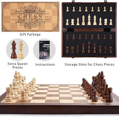 AMEROUS 15'' Magnetic Wooden Chess Set for Adults Kids - with Folding Board Gift Package Pieces Storage Slots Handmade PiecesChess Board Game Set for Tournament Professional Beginner