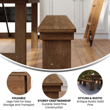 Flash Furniture Hercules Series 8' x 12' Commercial Grade Rustic Solid Pine Folding Bench, Antique Farmhouse 3 Leg Dining Bench, Seats up to 4 Adults
