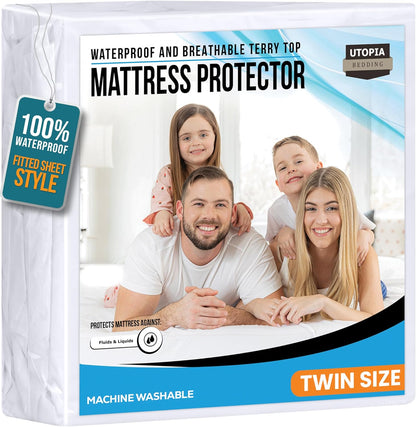 Utopia Bedding Twin Size Mattress Protector - Waterproof Terry Cover with Deep Pockets | Soft & Breathable White