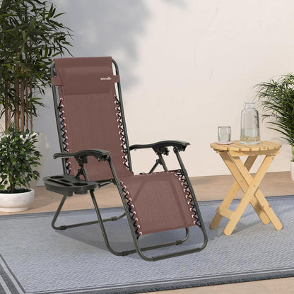 SereneLife Zero Gravity Lounge Chairs Set of 2, Adjustable Outdoor Recliners with Lockable Positions, Side Table Cup Holders, Padded Headrest Pillows, Foldable Steel Frame Patio Chairs (Brown)