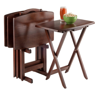 Winsome Darryl Set of 4 Oversized Foldable Snack Tables with Storage Rack, 26" in Walnut, Easy to Store Portable Fold Up Table Set for Kitchen, Living Room TV Dining, Crafts, Puzzles, Work From Home