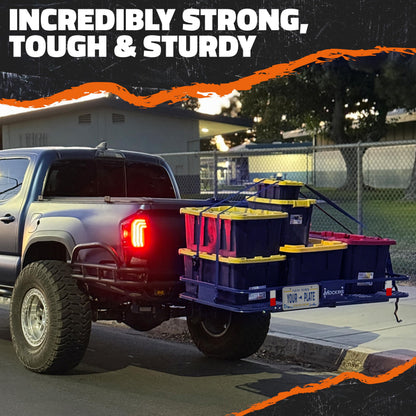 Mockins 60"x30"x6" Navy Trailer Hitch Cargo Carrier & 30 Cu Ft Waterproof Cargo Hitch Carrier Bag | 500 Lbs Cap Steel Folding Luggage Rack for SUV Truck Van & RV w/License Plate Bracket & Accessories
