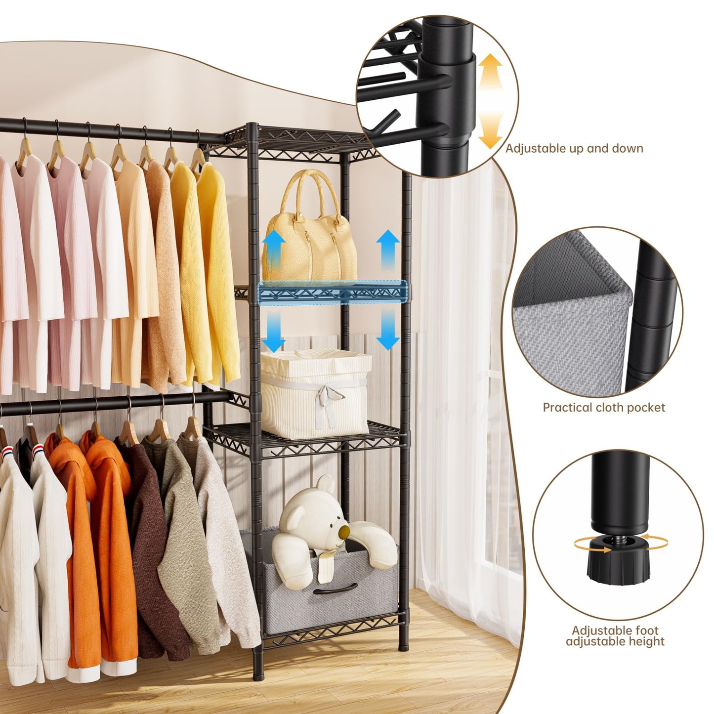 Golpart Coat Rack Clothes Wardrobe：Closet Organizer and Storage Clothing Garment Rack with Shelves Heavy Duty for Hanging Clothes Portable Adjustable Black 15.8" Dx(70-88.5)" Wx76.5 H