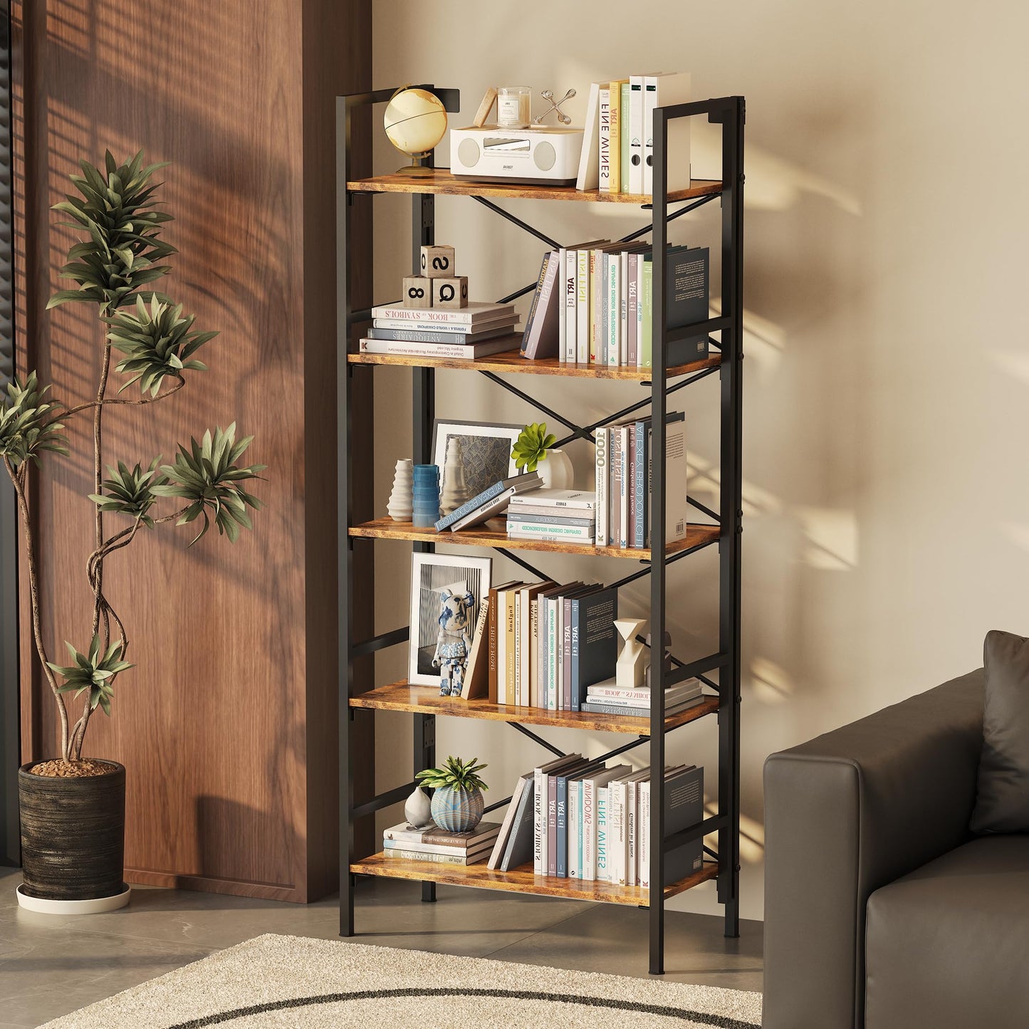 Homeiju Folding Bookshelf,5 Tier Bookcase Foldable Shelf with X-Bracket Design, Adjustable Feet, Space Saving Storage for Living Room, Office, Rustic Brown
