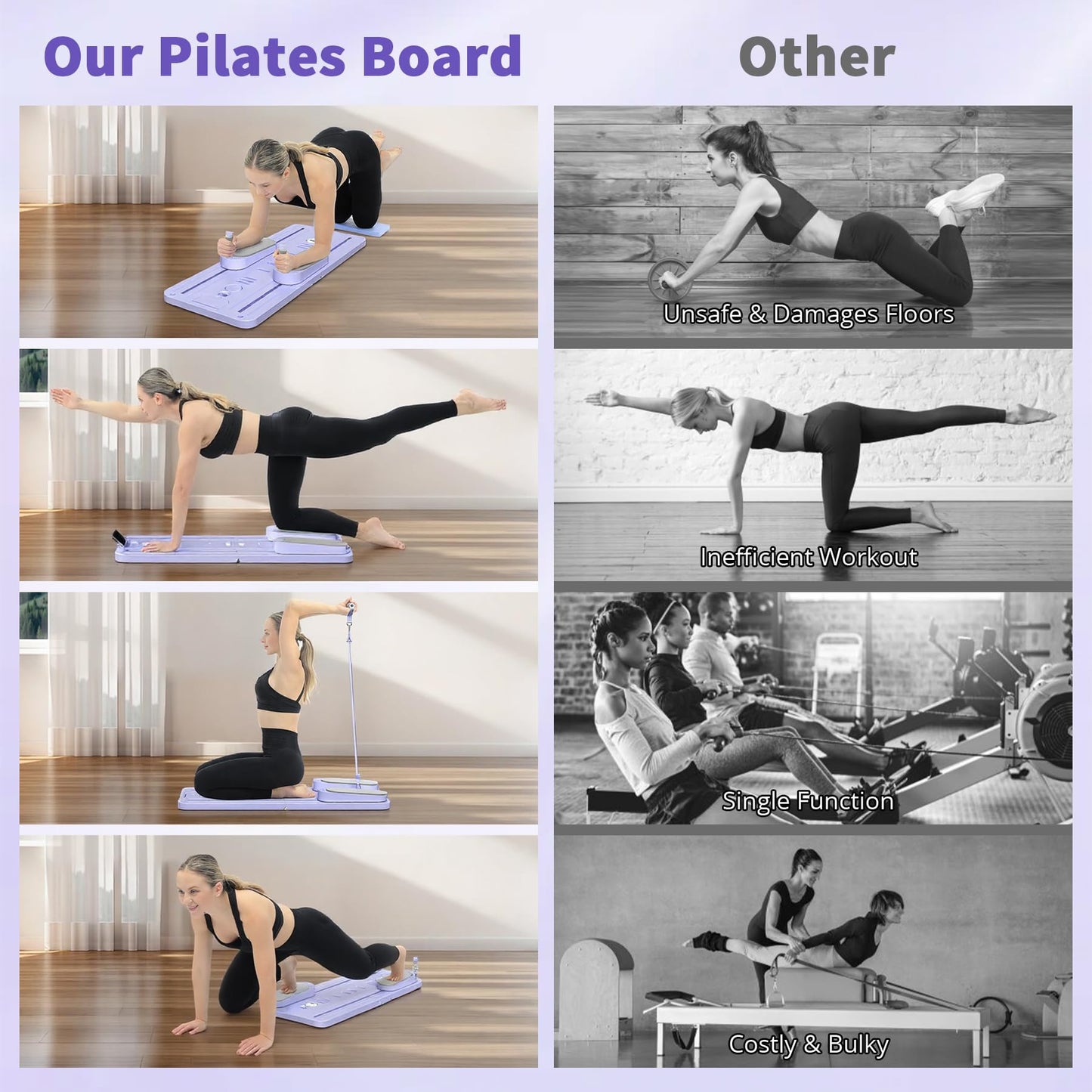 VigorEdge Pilates Board - Pilates Reformer Set, Multi-Purpose Foldable Pilates Reformer Board for Home,11 in 1 Pilates Equipment (Purple)