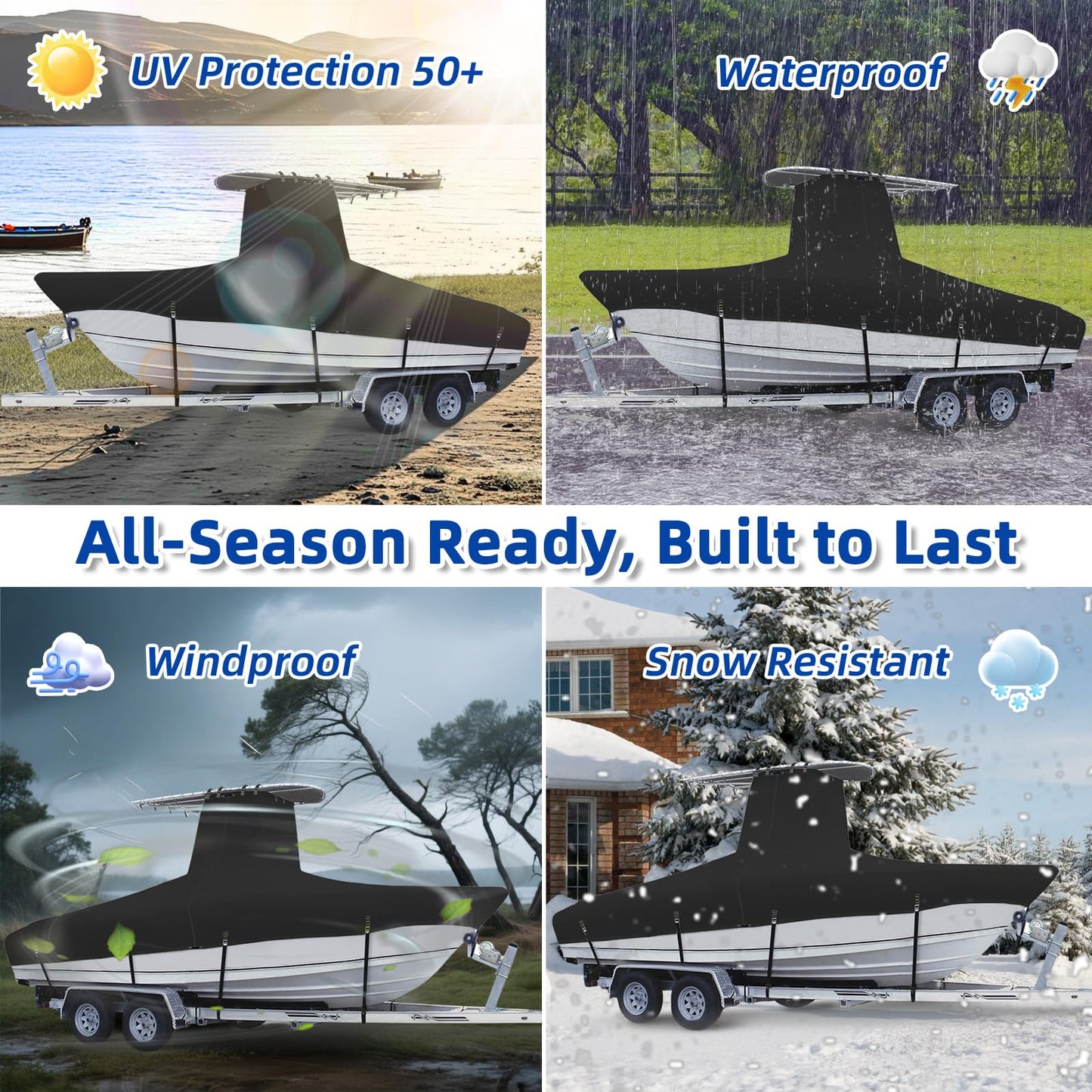 Marine Grade Waterproof Center Console Boat Cover with T Top Roof, Tear Resistant Trailerable Storage Covers, All-Weather Protection T-Top Boat Cover 26-28 ft, Beam Width Up to 116", Black