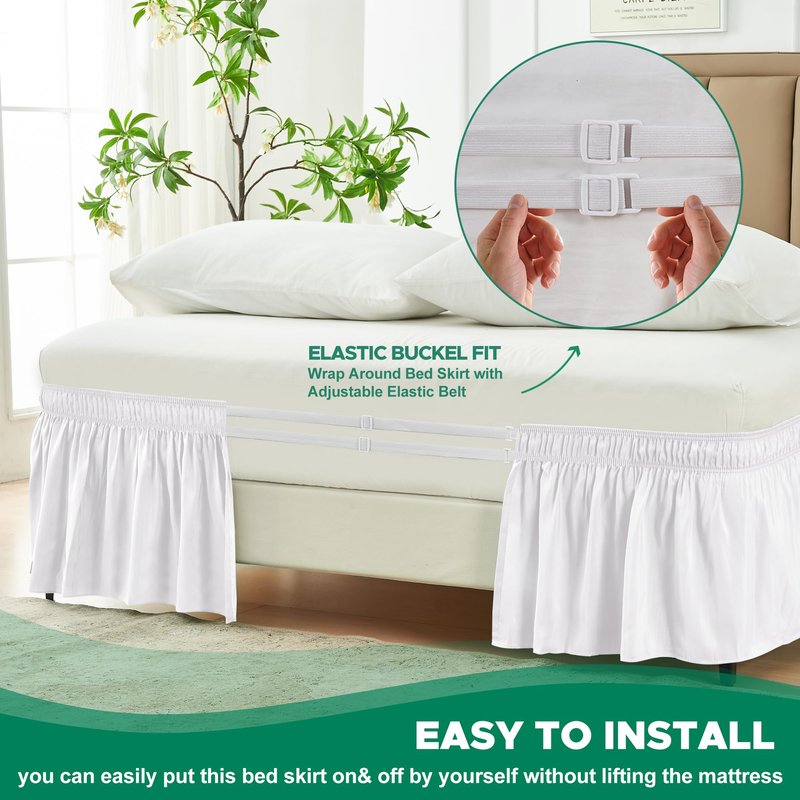 Biscaynebay Wrap Around Bed Skirts for Queen Beds 15" Drop, White Adjustable Elastic Dust Ruffles Easy Fit Wrinkle & Fade Resistant Silky Luxurious Fabric Machine Washable
