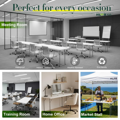 HLPB 6 FT Narrow Folding Table 2 PCS, Tabletop Fold-in-Half, Thickened HDPE Material and Thicker Metal Frame, Foldable Table with Handle & Safety Locks, Perfect for Meeting, Party, White