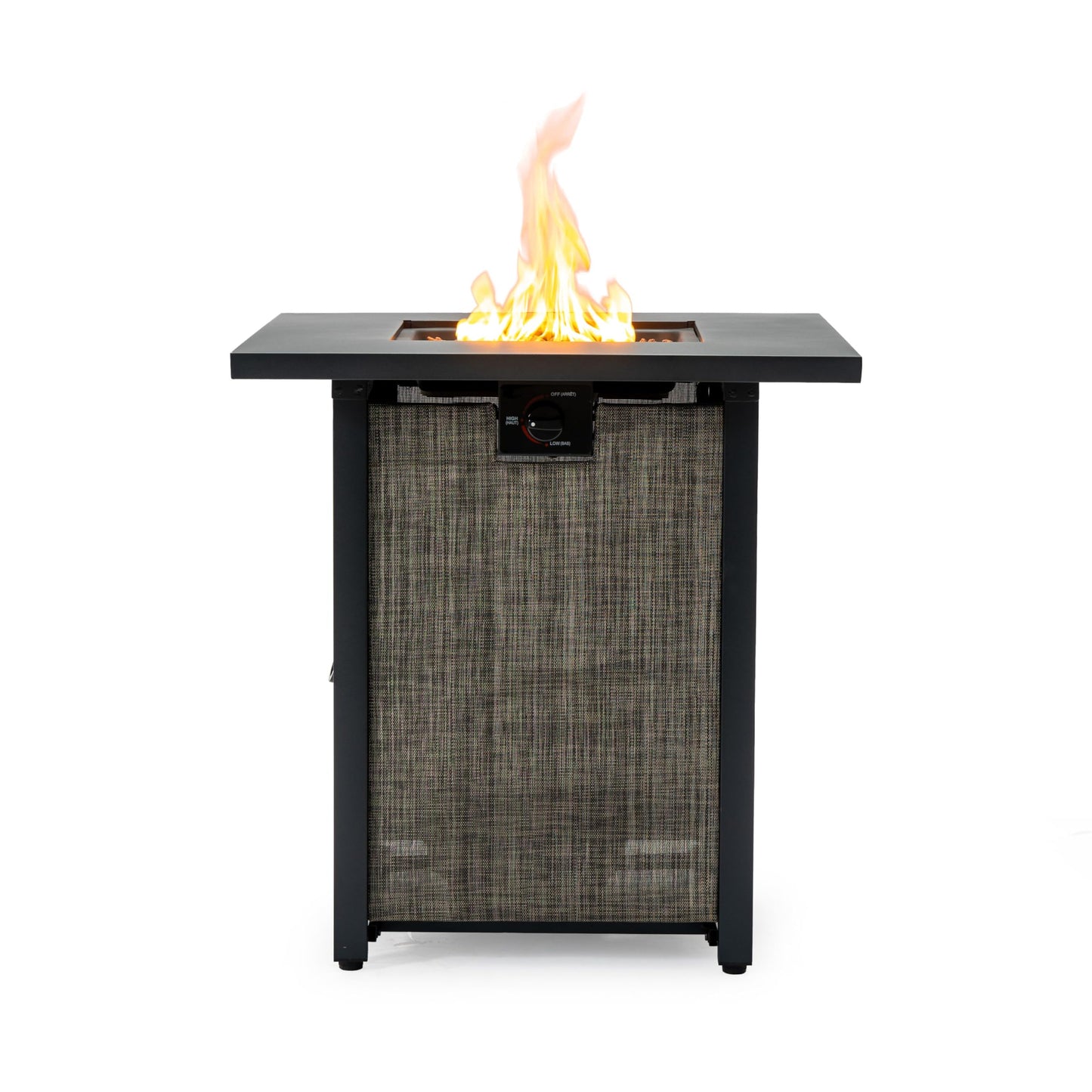 28" Propane Gas Fire Pit Table, 50000 BTU Square Outdoor Fire Pit with Steel Tabletop & Textilene Base, Patio Fire Table with Lava Rocks & Rain Cover for Backyard Deck Garden, Black