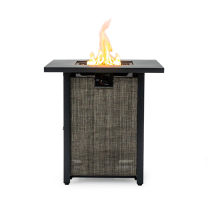 28" Propane Gas Fire Pit Table, 50000 BTU Square Outdoor Fire Pit with Steel Tabletop & Textilene Base, Patio Fire Table with Lava Rocks & Rain Cover for Backyard Deck Garden, Black