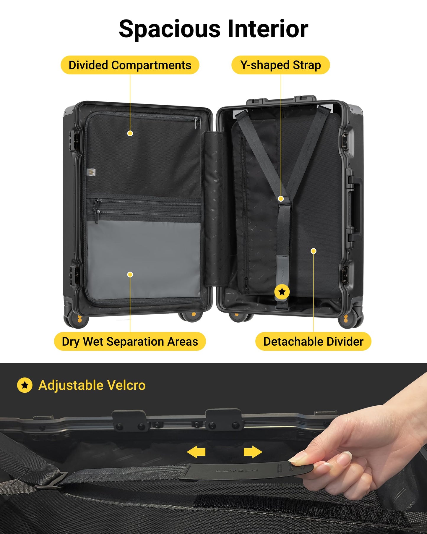 LEVEL8 Zipperless Checked Luggage with Aluminum Frame, Upgraded Medium Hardside Suitcase with Spinner Wheels, Metal Travel Luggage with Double Tsa Locks, 24 Inch, Black