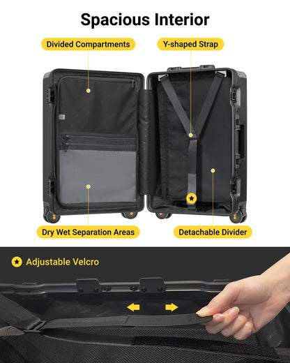 LEVEL8 Zipperless Checked Luggage with Aluminum Frame, Upgraded Medium Hardside Suitcase with Spinner Wheels, Metal Travel Luggage with Double Tsa Locks, 24 Inch, Black