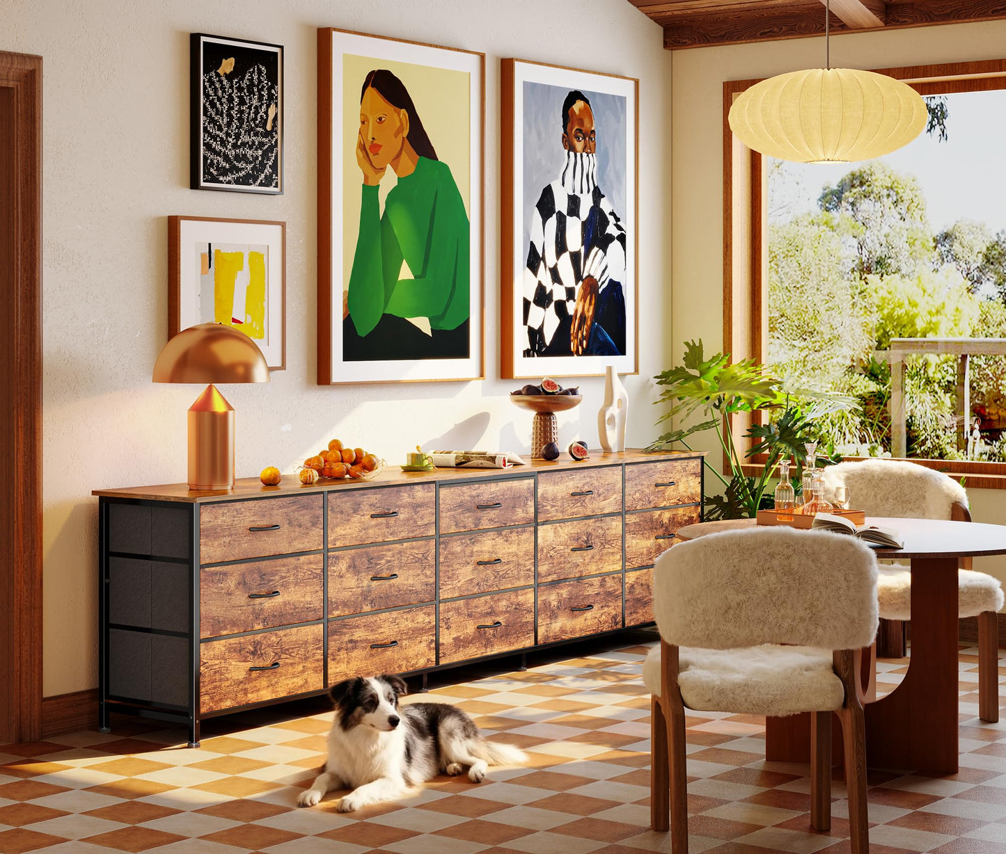 Huuger 86.6 Inch Dresser for Bedroom, TV Stand for 65, 75, 85 Inch TV, 15 Fabric Drawer Long Dresser, Large Entertainment Center for Bedroom, Wide Chest of Drawer with Storage, Rustic Brown