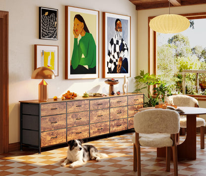 Huuger 86.6 Inch Dresser for Bedroom, TV Stand for 65, 75, 85 Inch TV, 15 Fabric Drawer Long Dresser, Large Entertainment Center for Bedroom, Wide Chest of Drawer with Storage, Rustic Brown