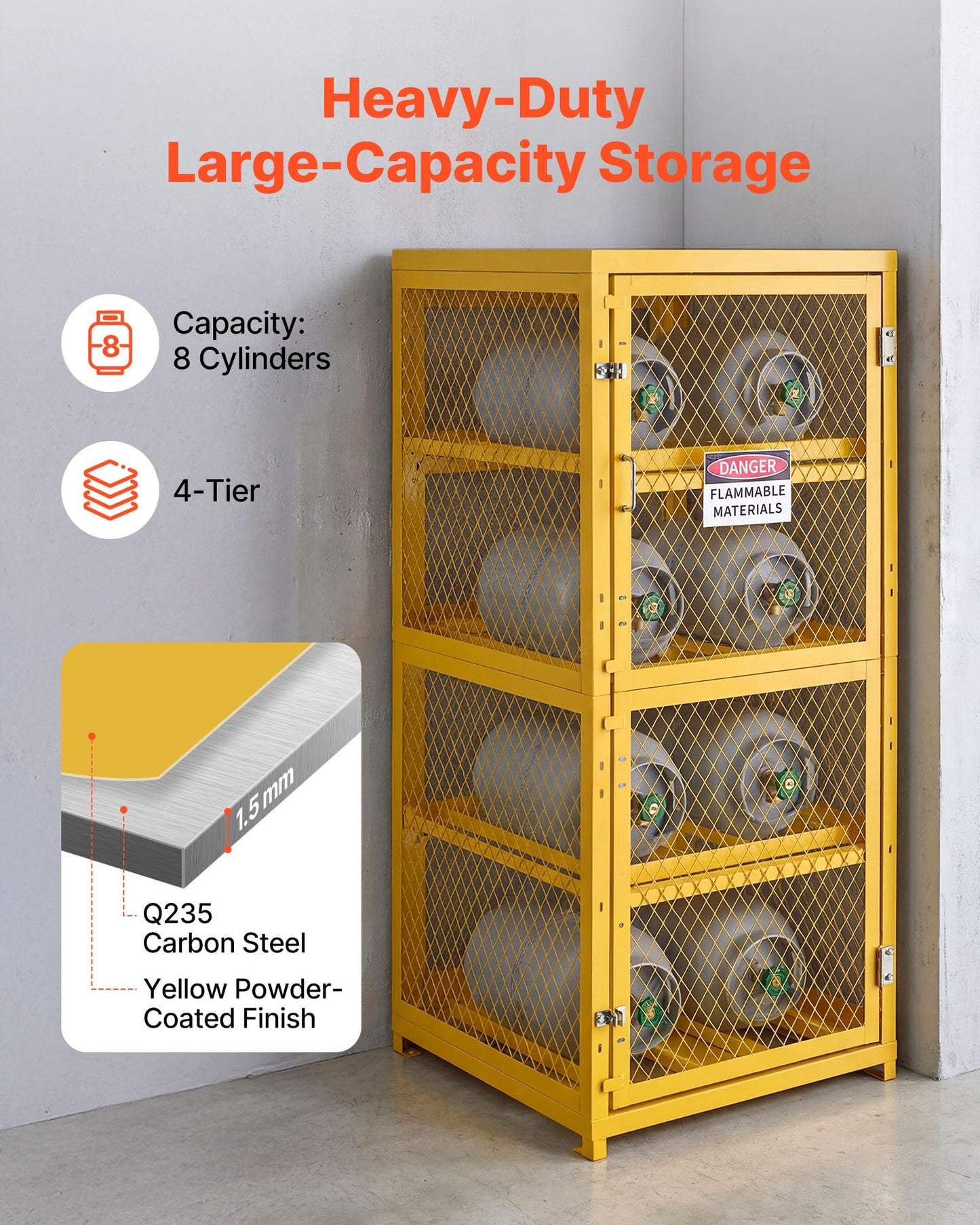 VEVOR Horizontal Cylinder Storage Cabinet, 30"L x 30"W x 70.3"H, 8 Cylinder Capacity, 4-Tier Propane Storage Cage, with Lock and Keys, Yellow Powder-Coated Carbon Steel, for Propane, Oxygen, Nitrogen