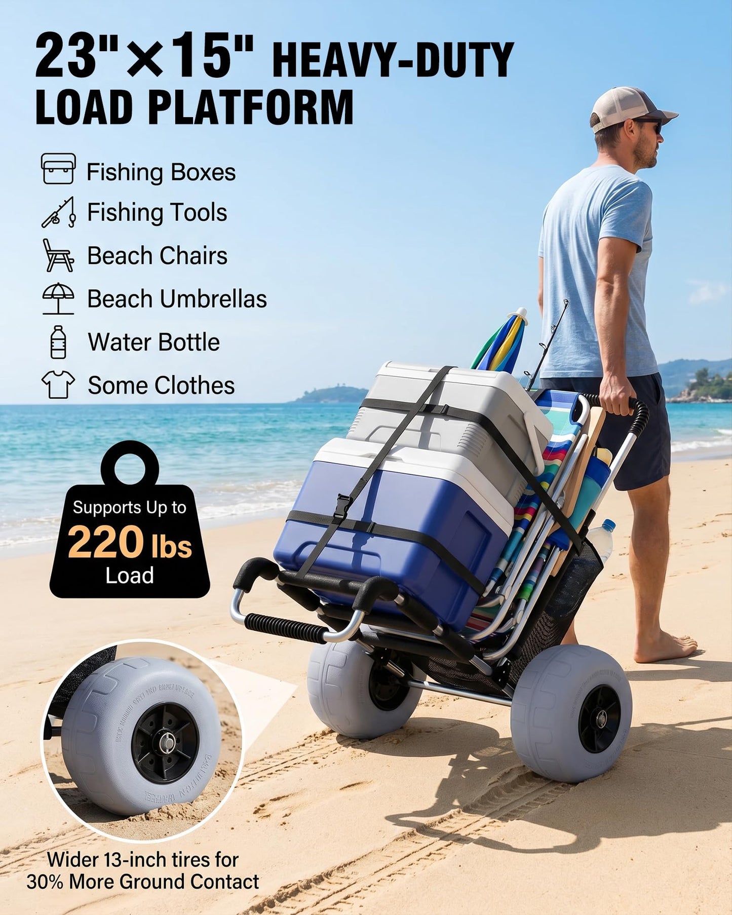 PYY Beach Fishing Cart - 220LBS Foldable Aluminum Beach Wagon Trolley with 13" Balloon Wheels, 23" x 15" Cargo Deck, Fishing Rod Holders, 30" to 40" Adjustable Handle, Heavy Duty Cart for Beach