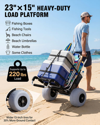 PYY Beach Fishing Cart - 220LBS Foldable Aluminum Beach Wagon Trolley with 13" Balloon Wheels, 23" x 15" Cargo Deck, Fishing Rod Holders, 30" to 40" Adjustable Handle, Heavy Duty Cart for Beach