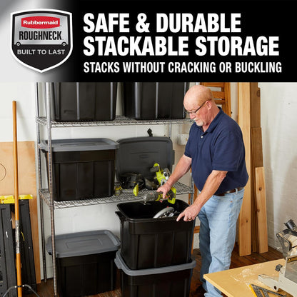 Rubbermaid 18 GAL Heavy-Duty Garage Storage Bins - Stackable, Durable Plastic Containers in Black & Grey
