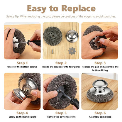 Steel Wool Scrubber, 4-Pack Stainless Steel Scrubber Pads with Handle - The Ultimate Scouring Solution for Rust, Stubborn Messes on Cookware, Grill, Oven & Kitchen Sinks