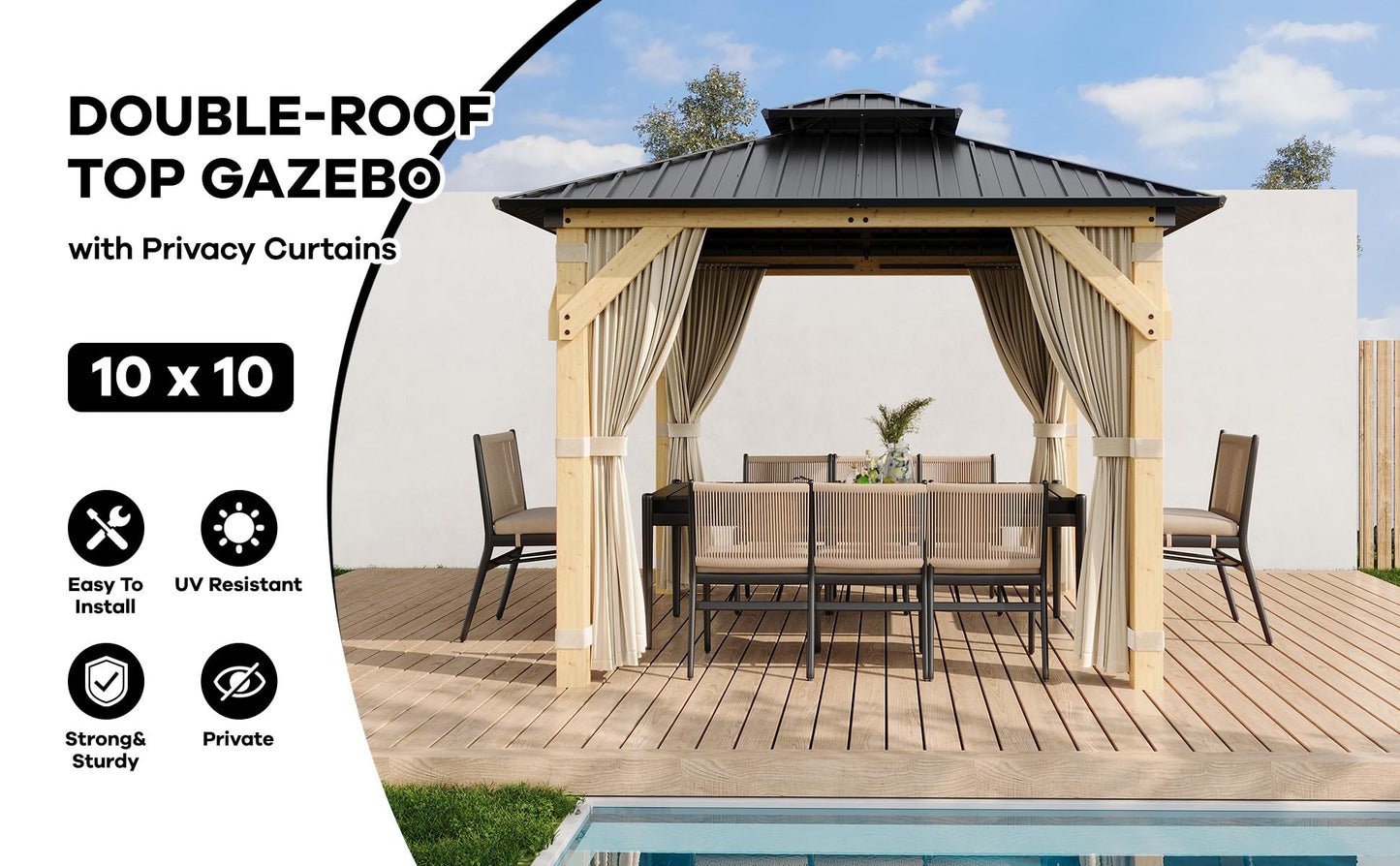 10 x 10 Ft Wood Gazebo, Hardtop Gazebo with Galvanized Steel Peak Roof, Outdoor Pavilion with Curtains and Netting, Patio Permanent Wooden Pavilion, Shade for Garden, Patio, Deck