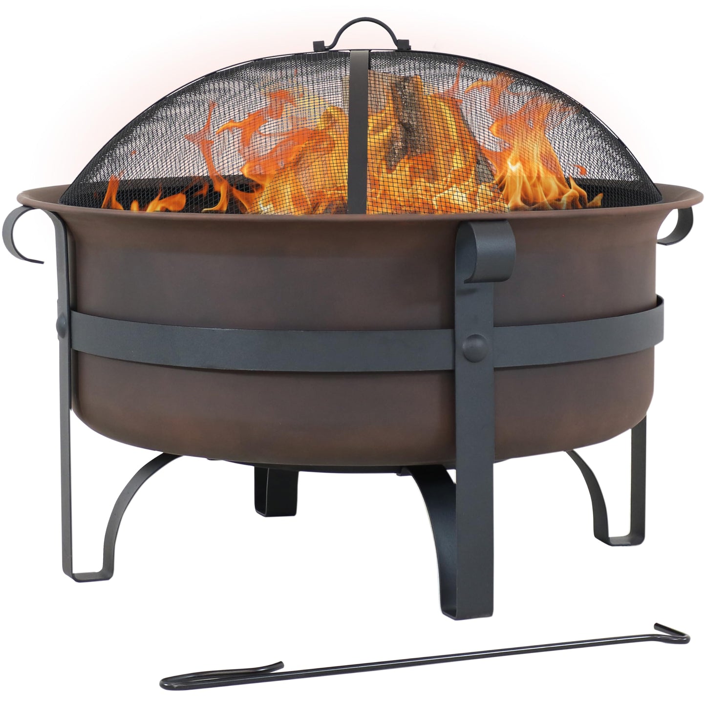 Sunnydaze Cauldron Wood-Burning Outdoor Fire Pit for Patio and Backyard - Round Steel Outside Firepit Bowl with Cover, Removable Ash Pan, Spark Screen, and Poker Tool - Dark Bronze - 29"