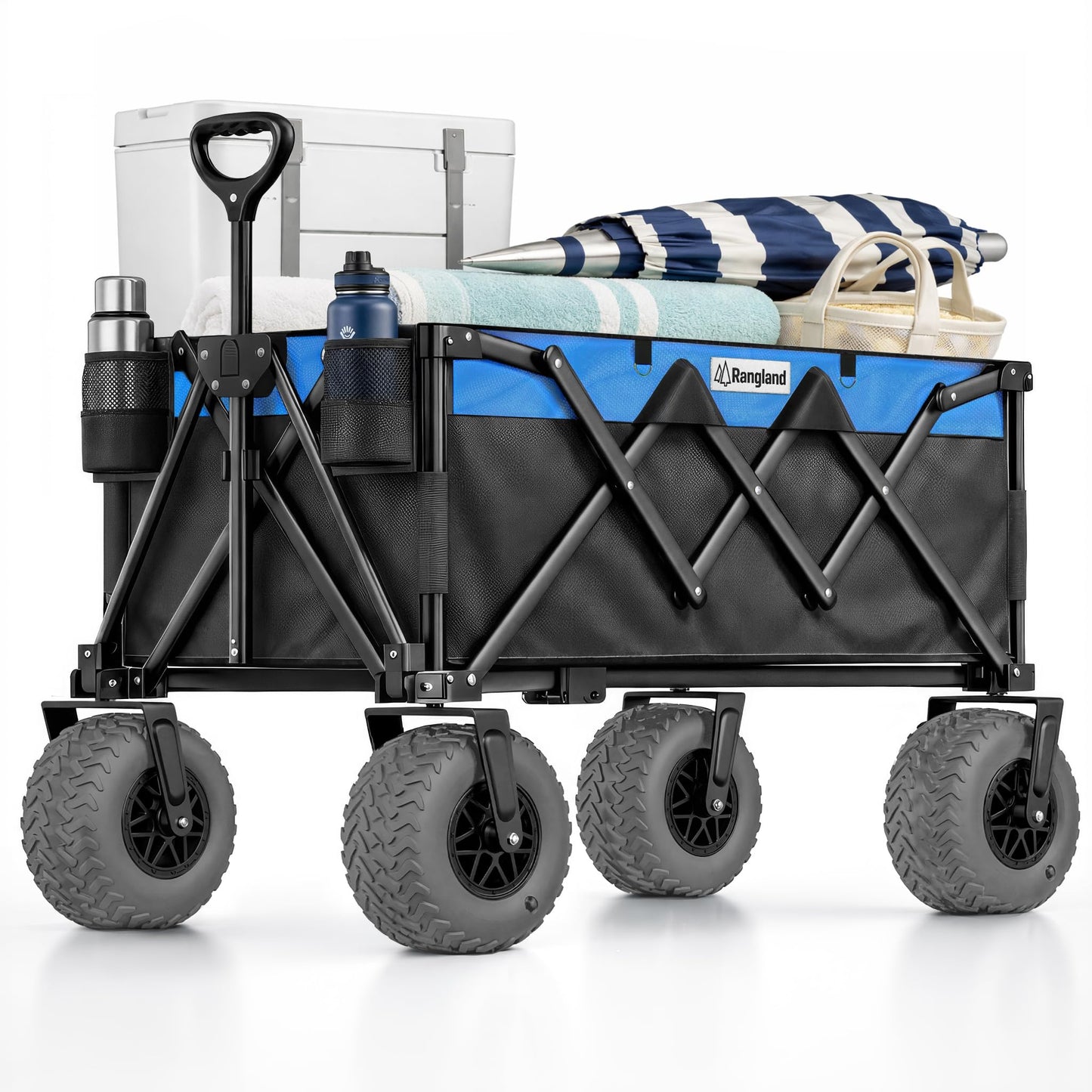 Beach Wagon with Heavy-Duty 10" Air Tires - All Terrain Folding Card with Big Wheels for Sand and Gravel - 300 LB. Capacity (Black/Light Blue)