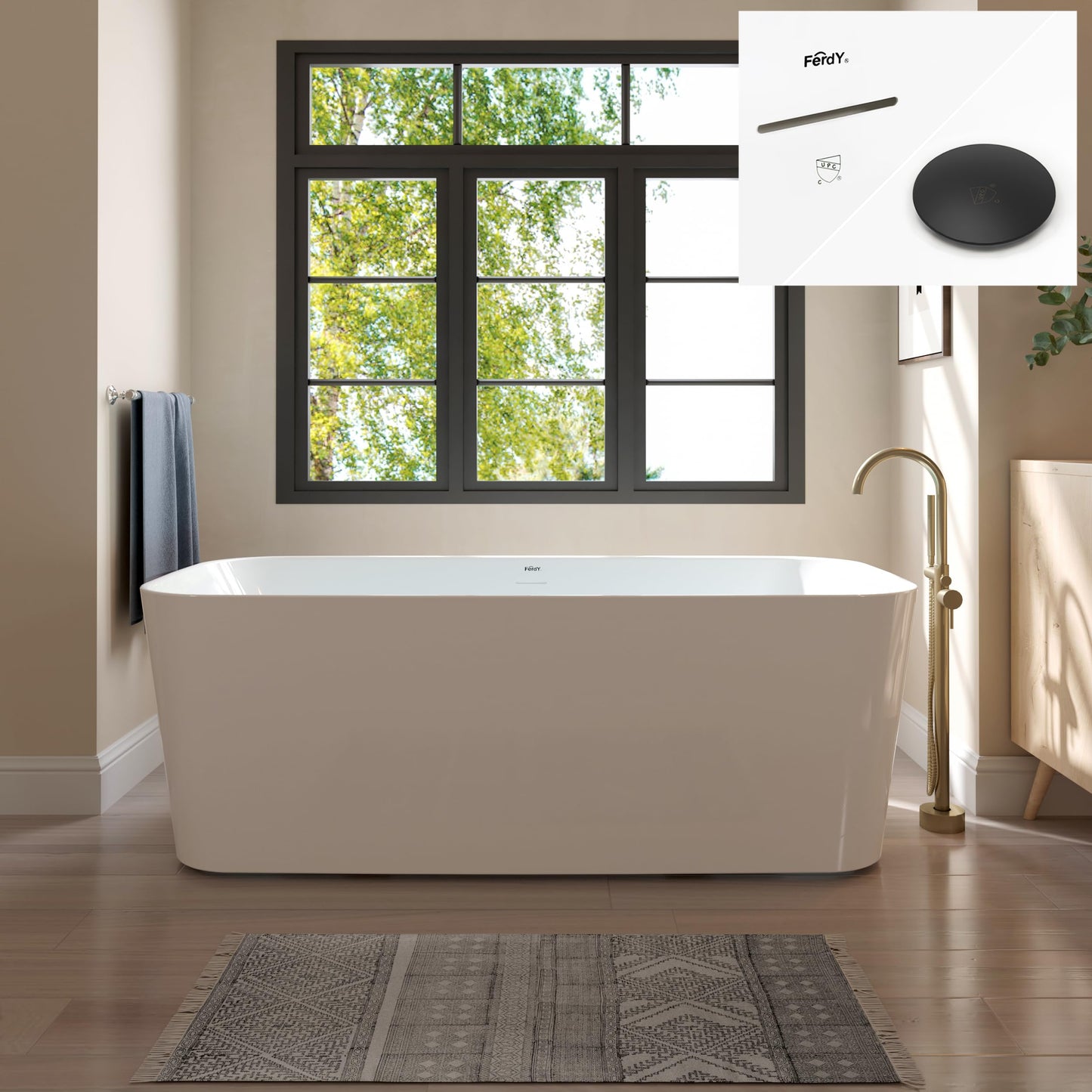 FerdY Maui 67" Acrylic Freestanding Bathtub, Contemporary Elegant Design Soaking Tub with Matte Black Drain and Minimalist Linear Design Overflow, Easy to Install