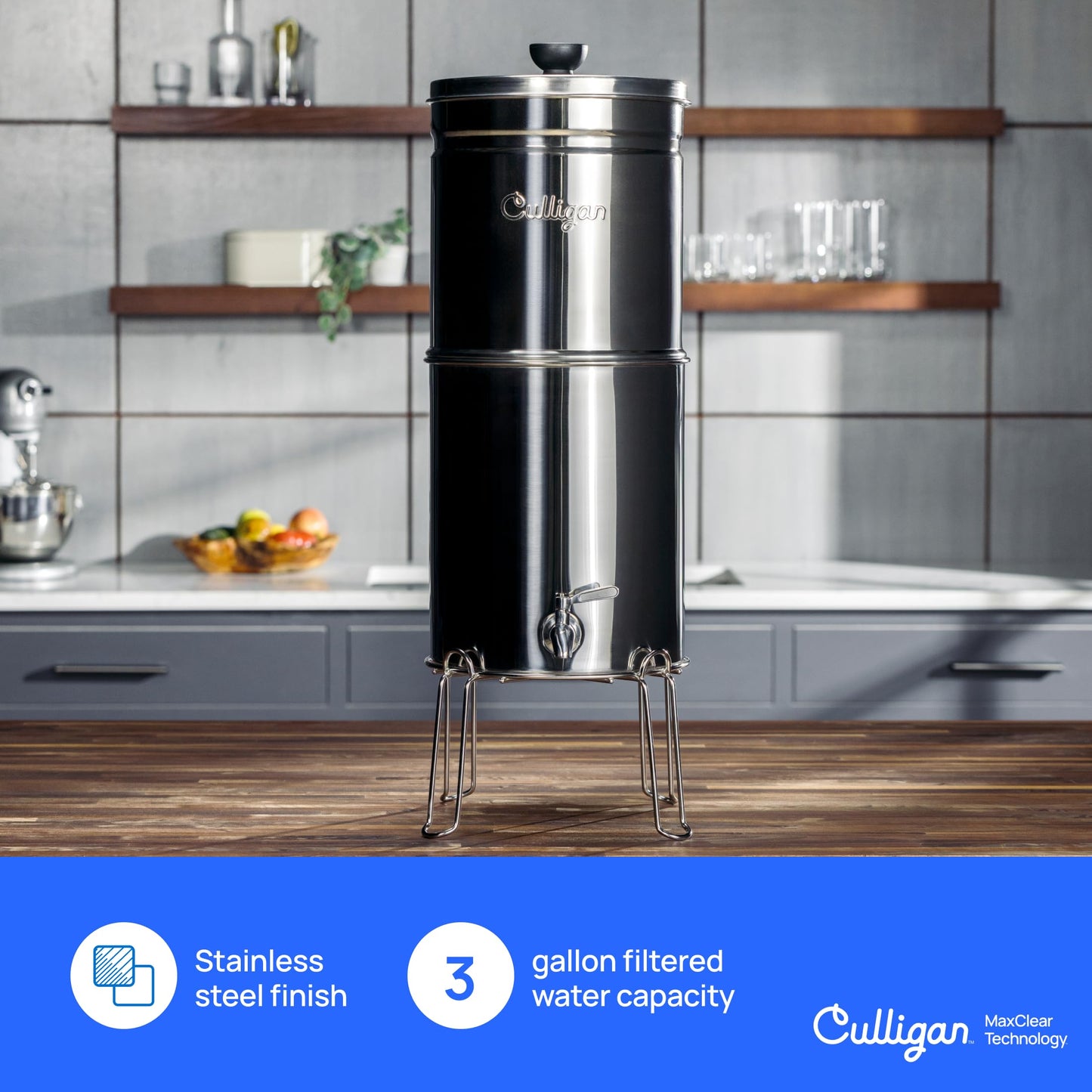 Culligan MaxClear 3 Gallon Gravity Water Filter System, Brushed Stainless-Steel Countertop Water Filter NSF/ANSI Certified to Reduce Microplastics, Lead & Total PFAS, with 3 Ceramic Filters