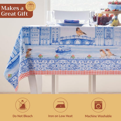 Maison d' Hermine Table Cloth Rectangle Table 100% Cotton 70 x 108 Inches Tablecloth Reusable Decorative for Dining Kitchen Room Farmhouse Home Gifts for Mothers Day Spring Summer - Amsterdam Canals