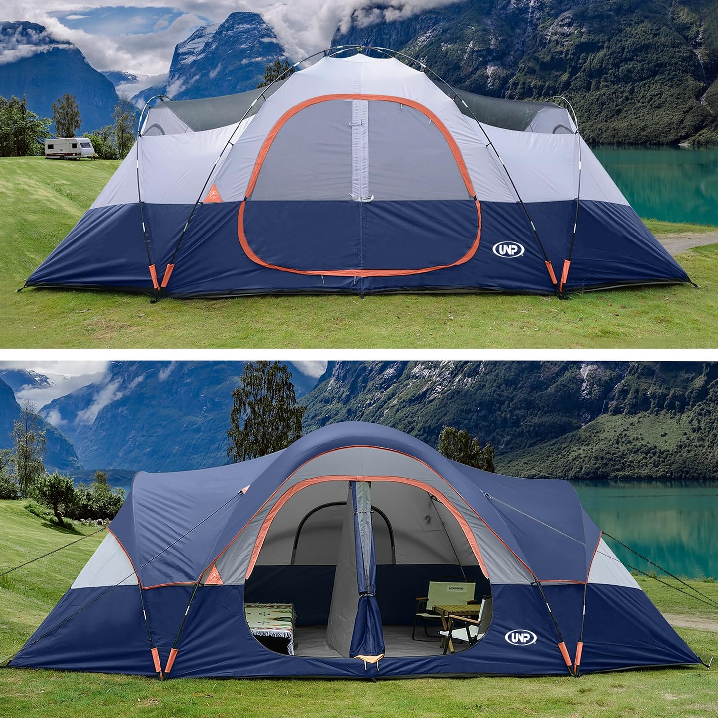 UNP Camping Tent 10-Person-Family Tents, Parties, Music Festival Tent, Big, Easy Up, 5 Large Mesh Windows, Double Layer, 2 Room, Waterproof, Weather Resistant, 18ft x 9ft x78in (Navy Blue)