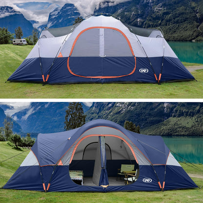 UNP Camping Tent 10-Person-Family Tents, Parties, Music Festival Tent, Big, Easy Up, 5 Large Mesh Windows, Double Layer, 2 Room, Waterproof, Weather Resistant, 18ft x 9ft x78in (Navy Blue)