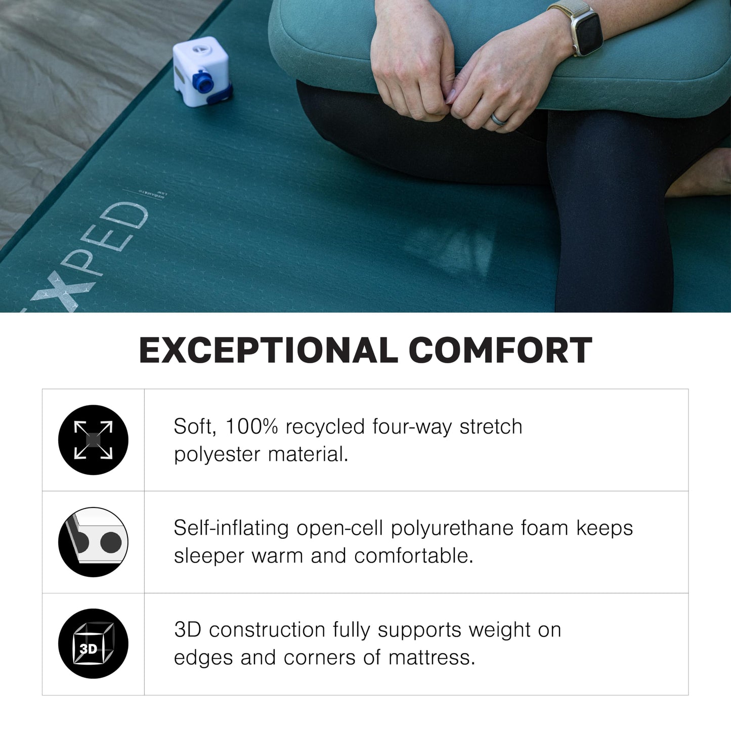 Exped MegaMat Duo Medium - Self Inflating Soft Car Sleeping Mat, 4” Foam Pad, Pump Included