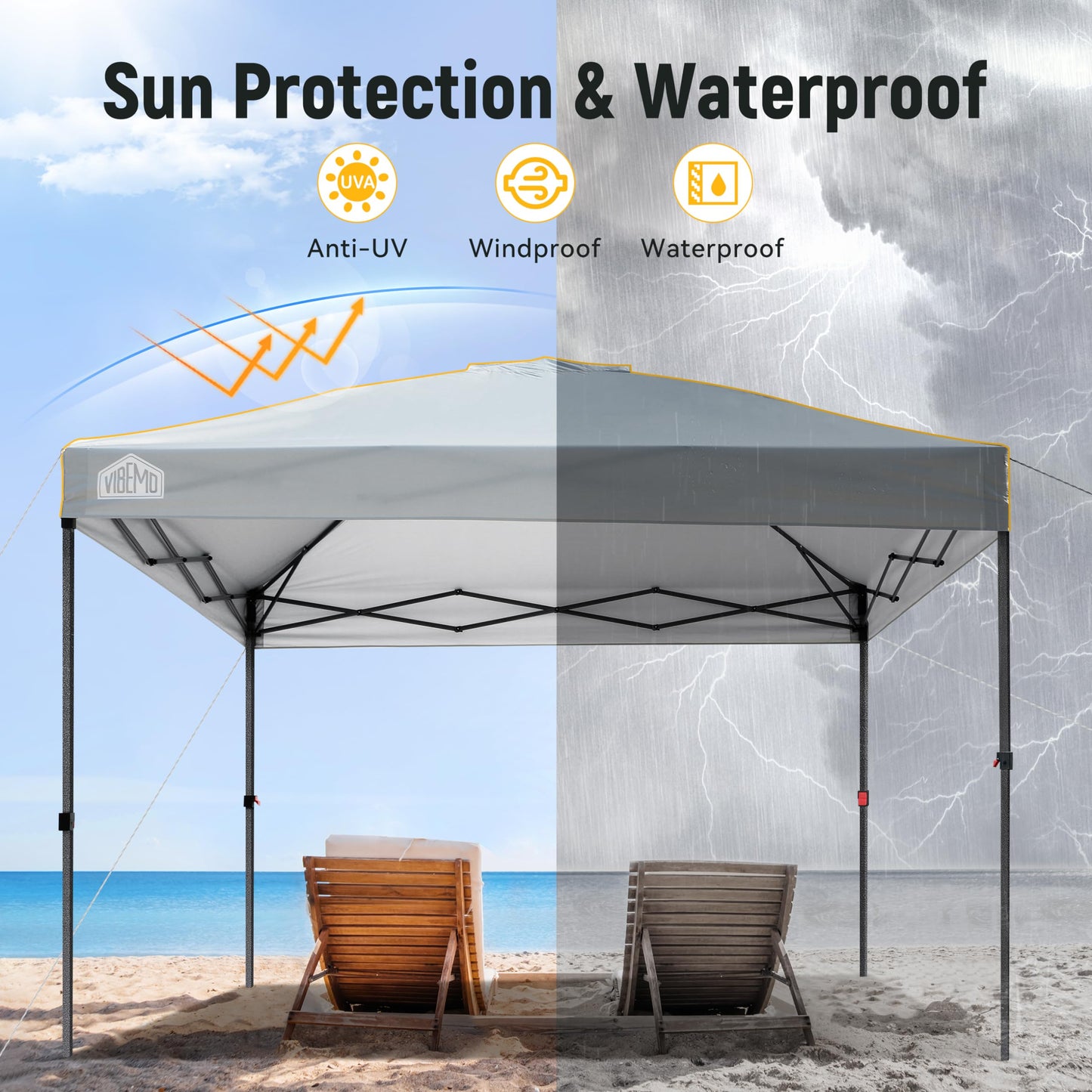 Vibemo Canopy Tent 10x10, 1-Person Setup Pop Up Canopy Tent with Roller Bag, 3 Adjustable Height, 4 Sandbags, 8 Stakes, 4 Guylines, Waterproof and UPF50+ Sun Protection Outdoor Canopy for Party，Beach