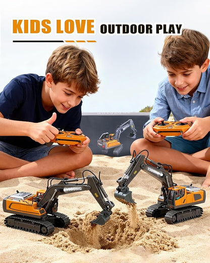 HuiJuKeJi 11-Channel Remote Control Excavator Toy Rechargeable 2.4 GHz RC Construction Vehicle for Kids 680° Rotation | Metal Shovel | Lights &amp Sounds for Boys Ages 6-12