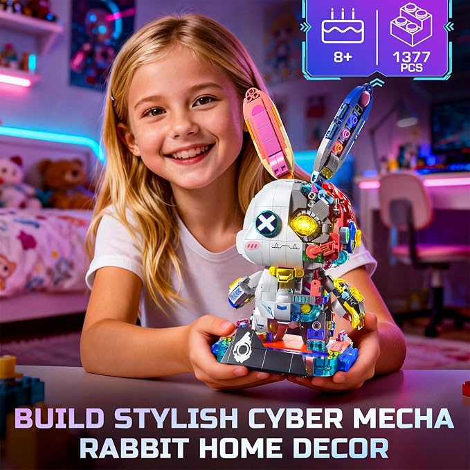 PIKARO Mechanical Bunny Rabbit Building Set for Boys Girls - Collection Animal Punk Style Toy Model Kit with LED Light Easter Halloween Birthdays Gift for Teens Kids Age 8 12 14（1377PCS）