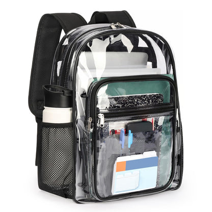 ZORFIN Clear Backpack Heavy Duty for School – 17in Transparent PVC Bag with Large Capacity & Reinforced Straps for Men, Women, Boys & Girls - See Through Bookbag for College Workplace Security, Black